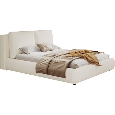 CHICFURN Lit coffre 160x200 cm relevable hydraulique avec tête de lit rembourrée, tissu bouclette beige, sommier inclus, grand rangement sous le lit, 3 colis (1/5)