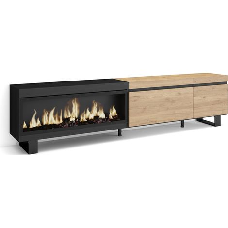 Skraut Home - Mobile TV Soggiorno, Ampio spazio a disposizione, 237x57x35 cm, TV di grande formato, Camino elettrico XXL, Design industriale, Stile moderno, Rovere e nero (1/5)