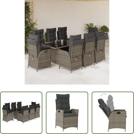 Gartentisch - 9-tlg. Garten-Essgruppe mit Kissen Grau Poly Rattan (1/5)