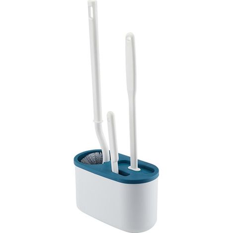 Set portascopino per WC, set portascopino da parete con base ventilata, manico lungo, setole morbide, adatto per il bagno (blu). (1/4)