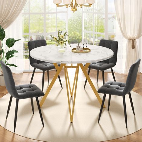 Set da pranzo con tavolo e 4 sedie in MDF effetto marmo e lino grigio, tavolo rotondo Ø100x76 cm, gambe in metallo (1/5)