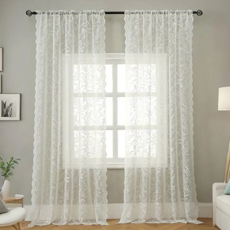 Rideaux en dentelle vert sauge vintage – Lot de 2 panneaux semi-transparent, filtration lumineuse, floral, pour salon et chambre (130x160 cm)