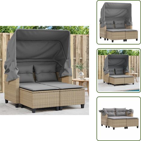 Gartensofa 2-Sitzer mit Dach und Hockern Beige Poly Rattan - Gartensofa - Outdoor Möbel - Rattan Gartenmöbel - Lounge Set - Balkonmöbel (1/5)
