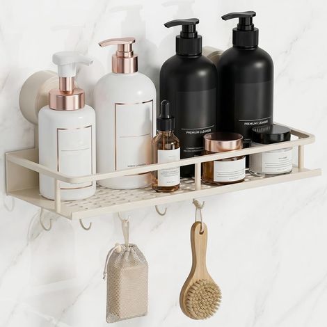 Étagère de douche à ventouse blanche sans perçage - Support de douche sans perçage - Ventouse sans trou - Support pour douche avec cinq crochets - Étagère suspendue de cuisine - Organiseur de salle de (1/5)