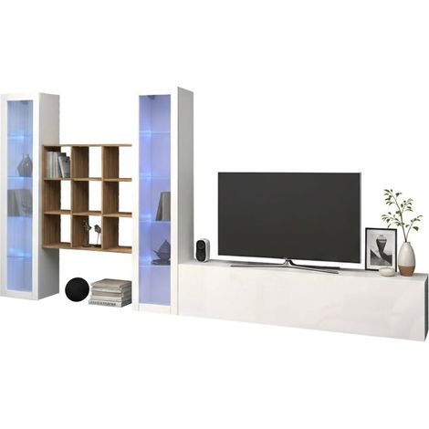 Dmora - Pared Equipada Dchiorr, Conjunto de salón Mueble TV con 3 puertas, Mueble salón polivalente con vitrina y luz LED, 100% Made in Italy, cm 350x30h180, Blanco brillo y Arce