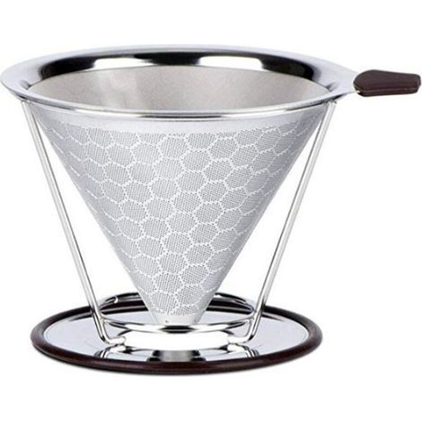 Reusable Stainless Steel Coffee Dripper, Permanent Coffee Filter for 1 to 4 Cups with Cup Holder and Brush, One Piece, Silver (1/5)