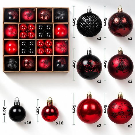 FLITI Set of 44 Black and Red Christmas Baubles in Cardboard Box, Christmas Tree Decoration (1/5)