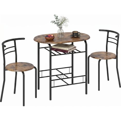 Ensemble de salle à manger 3 pièces, table et chaises pour 2 personnes avec étagère, style rustique bois brun, pour salon (1/5)