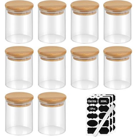 Set of 10 Glass Jars, 200ml, 8.86.56.5cm, Airtight Spice Jars with Bamboo Lids, Kitchen Storage Containers with Labels, Storage Jars for Cereals, Nuts, and Powder (1/5)