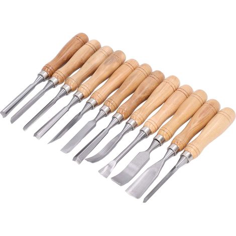 Lot de 12 gouges à sculpturer bois lame acier chrome vanadium manche hêtre coffret bois pour bricolage artisanat (1/5)