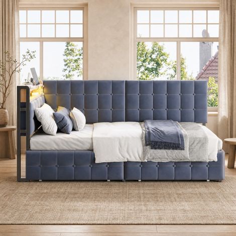 Cama individual 90x200 cm gris de tela con 2 cajones, LED y USB - CHICFURN (1/5)