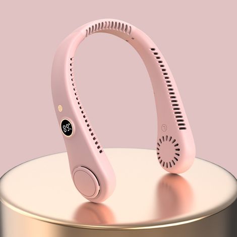 Ventilador de cuello USB rosa, silencioso y compacto, con pantalla digital, ideal para deportes al aire libre.