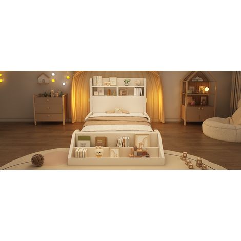 Lit simple en bois 90x200 cm pour jeune/enfant avec rangements, veilleuses, bibliothèque amovible, cadre de lit avec sommier à lattes, finition blanc pur, sans matelas (1/5)