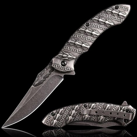 Klappmesser mit 3D Drachenprägung, Edelstahlgriff, 440 Klinge, Geschenk für Männer