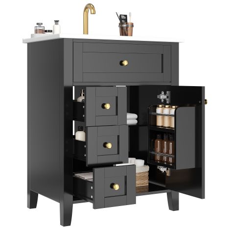 Meuble salle de bain 61cm noir haut brillant avec tiroir pliable, 3 tiroirs et porte simple (1/5)