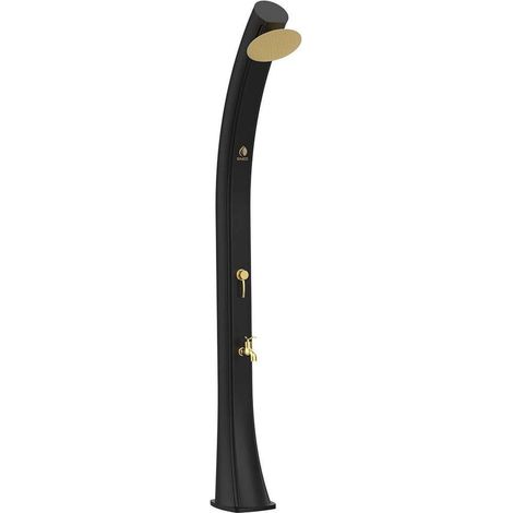 Sined Sole Xxl Doccia Solare Curva In Polietilene Hd Con Rubinetto e Lavapiedi Nero Serbatoio 40l Soffione Rotondo Rubinetto Lavapiedi Accessori In Metallo Colore Oro