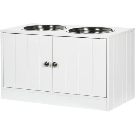 Gamelle double surélevée chien chat porte-gamelles 2L acier inox bois blanc 60 x 30 x 35,5 cm