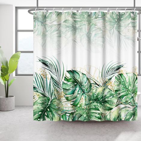Rideau de Douche Tropical Palmier Vert avec Feuille de Bananier et Fleur Lavable pour la Maison 12 Crochets Inclus 183x183cm (1/5)