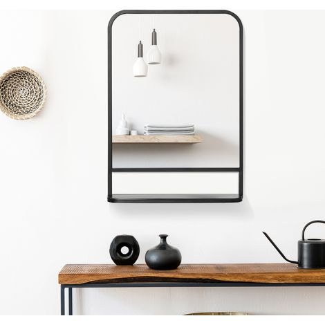 Specchio da parete con ripiano 70 x 50 cm, rettangolare arrotondato, nero, telaio in ferro HAVRYA (1/5)