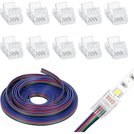 5m Câble d'extension Bande de LED 4 Broches, 22AWG 5V-24V avec 10 Connecteurs Rapides Ruban LED sans Soudure pour RGB 5050 10mm, Câble Alimentation Multicolore pour Éclairage Bande Flexible Intérieur (1/2)