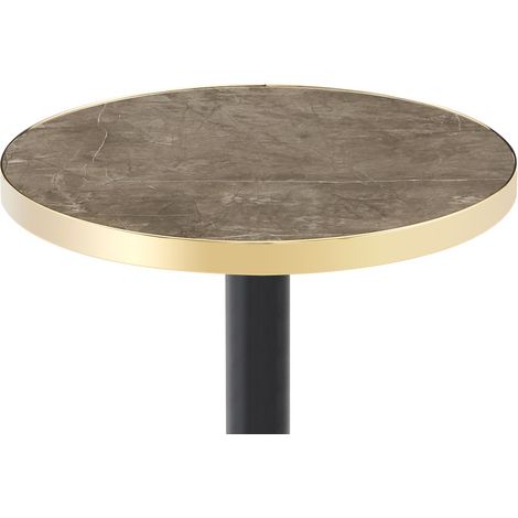 Mesa auxiliar redonda de MDF con efecto mármol y borde dorado, estructura metálica negra, 60 cm (1/4)
