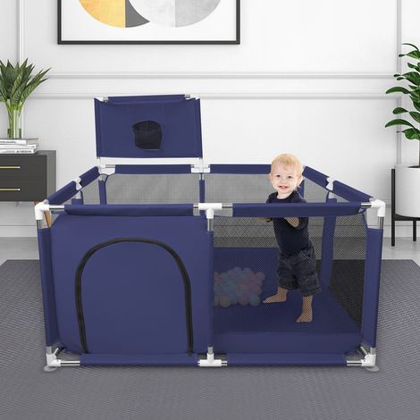 Laufstall mit atmungsaktivem Netz, großer Spielfläche, Mini-Basketballkorb und 50 Bällen – Blau, 126 x 126 x 66 cm (1/5)