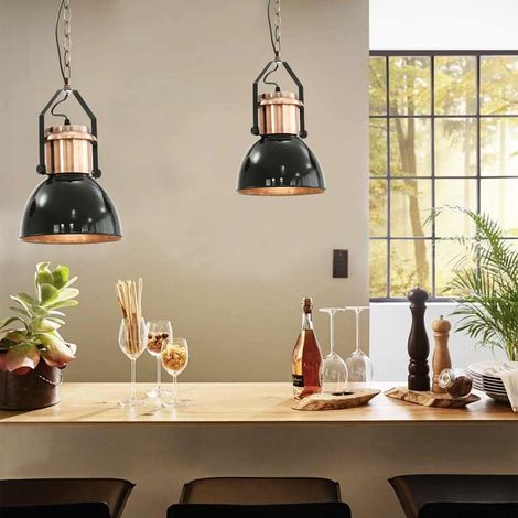 Plafonniers suspendus 2 pièces E27 en métal noir et cuivre, diamètre 23 cm - PANGIVO (1/5)