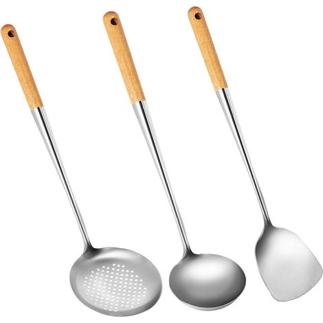 Wok spatula et ladle skimmer ladle outil ensemble 17Inches spatula pour wok 304 acier inoxydable wok spatula (1/5)