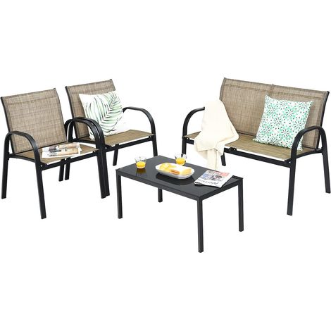 4Pcs Ensemble de Salon de Jardin 4 Personnes en Tissu, Table Basse Jardin avec 1 Canapé+2 Fauteuils Jardin avec Accoudoir Lisse, pour Jardin, Balcon, Terrasse, Patio,Charge 240+120+40K, Gris