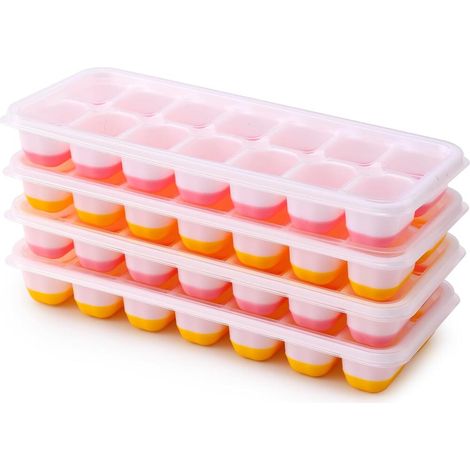 café (2 roses 2 jaunes) – Lot de 4 bacs à glaçons en silicone avec couvercle- Empilables - Sûr et sa (1/5)