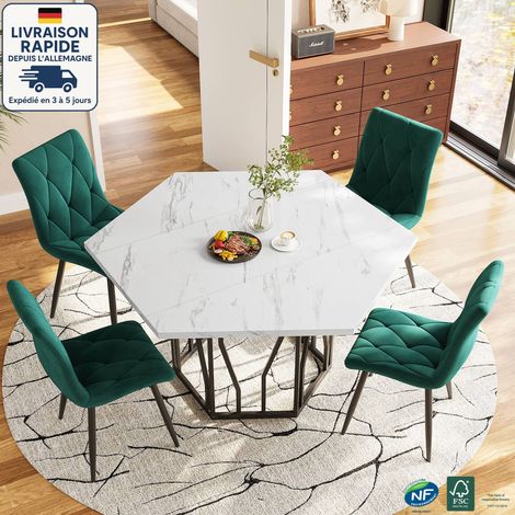 Ensemble table et chaises de salle à manger 5 pièces, table hexagonale et chaises en velours, vert (1/5)