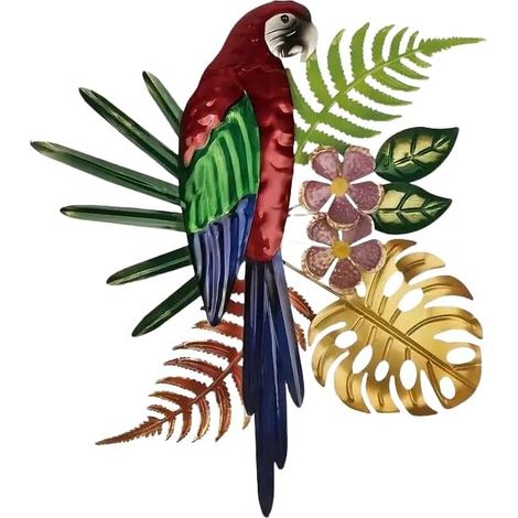 Décoration murale en métal de 30 cm, perroquet tropical, ara, décoration murale d'extérieur à suspendre pour jardin, cour, salon, chambre à coucher, balcon (1/5)