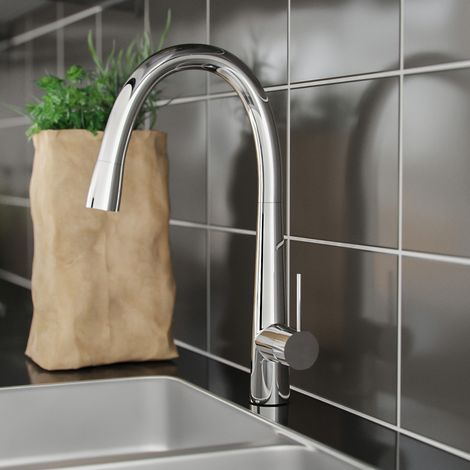 Contemporary Chrome Single Lever Curved Swivel Spout Kitchen Sink Mono Mixer Tap (1/4)