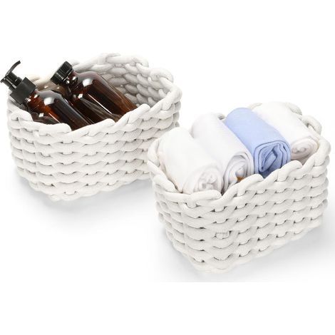 Lot de 2 Paniers de Rangement en Coton Tissé, Corbeille Carrée Blanche pour Salle de Bain, Étagère, Bureau ou Chevet, Organisateur Décoratif pour Cosmétiques et Jouets, 20x14x12.5cm (1/5)