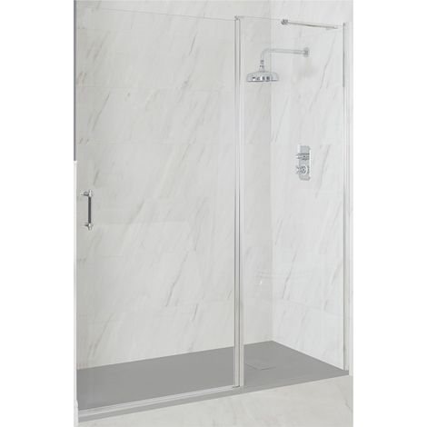 Milano Langley Chrome Wet Room Walk In Hinged Door Frameless Shower Enclosure with Light Grey Slate Effect Tray and Fast Flow Waste - 1500mm x 800mm (1/5)