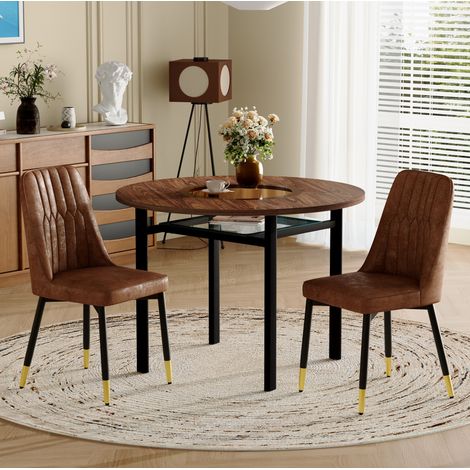 Conjunto de comedor redondo MDF efecto madera marrón y metal negro, mesa Ø100 cm con 2 sillas tapizadas marrones (1/5)