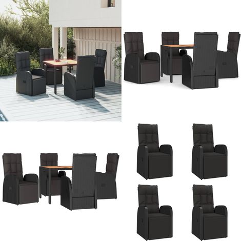 Ensemble à manger de jardin 5pcs Noir Poly rotin et acacia - Salon De Jardin - Mobilier De Jardin - Set De Salon De Jardin - Fauteuil Inclinable - Table Basse - Home & Living