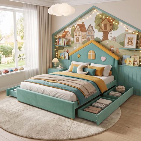 Creahappy Lit Cabane Enfant 140x200 cm avec 4 Tiroirs - Gain de Place - Lit Rembourré Velours avec Sommier à Lattes - Bleu Vert (1/5)
