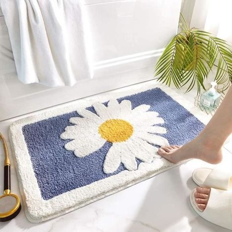 (Bleu)Tapis de Bain Antidérapant Lavable Coussinets Paillassons Tapis de Douche Tapis de Baignoire avec Motif de Marguerite 80x50 CM (1/4)