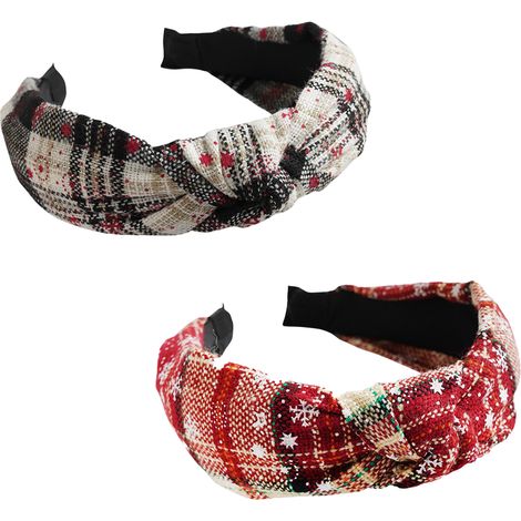 Headband - Snowflake Plaid Knotted Design - Christmas Hair Accessory - For Festive Wear - 2 Pieces (1/5)