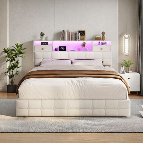 140 x 200 cm Lit double rembourré avec table de chevet–Lit gonflable pour adulte 140 x 200–1 port USB et 1 port Type-C–Velour beige–Style scandinave
