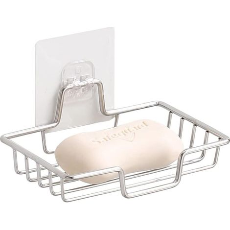 Porte-savon, sans perage, en acier inoxydable 304 antirouille, porte-savon mural, barre de savon, porte-éponge pour salle de bain et cuisine, carré (argent) (1/4)