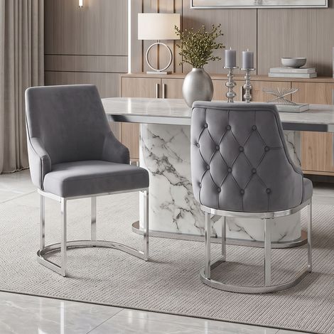 2 sillas de comedor, cómodas y transpirables, adecuadas para restaurantes, salas de estar, cafeterías y otros lugares, estilo moderno, patas de silla plateadas, tela de terciopelo, gris + plata (1/5)