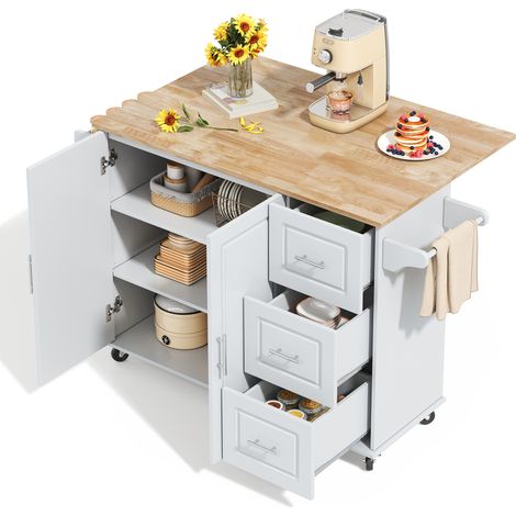 Carro de Cocina con 2 Puertas 3 Cajones Encimera Abatible Toallero y Ruedas para Cocina en MDF Gris 137x43x92 cm (1/5)