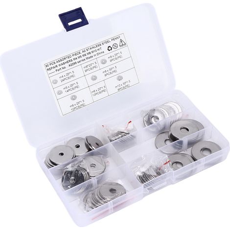 Rondelles de service Penny Pack de 90, plates, 8 tailles, acier inoxydable 304, type universel, conviennent aux voitures et aux camions. (1/5)