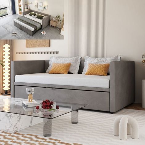 Cama litera - 90x200 cm - Extensible 90(180)x200 cm - Tela de terciopelo - Gris