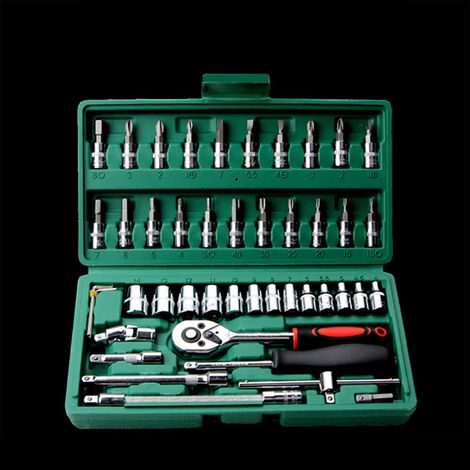 Coffret d'outils de réparation automobile 46 pièces, douilles et clés combinées, boîte verte (1/5)