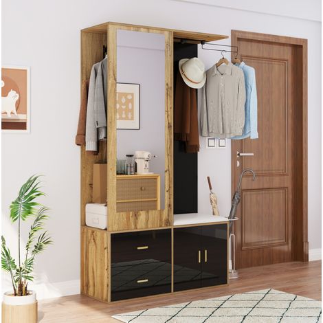 Perchero recibidor de MDF y aglomerado con espejo, negro y natural, 2 ganchos, 100 x 38 x 180 cm, banco zapatero (1/5)