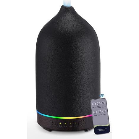 Diffuseur d'huiles essentielles en céramique, humidificateur ultrasonique sans eau avec arrêt automatique, double commande, socle bois grain, 100ml noir, idéal maison bureau. (1/5)