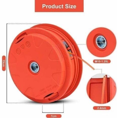 Bobine Fil Tete debroussailleuse Universelle M10 X 1,25 avec 2,4mm x 2m Fil Nylon